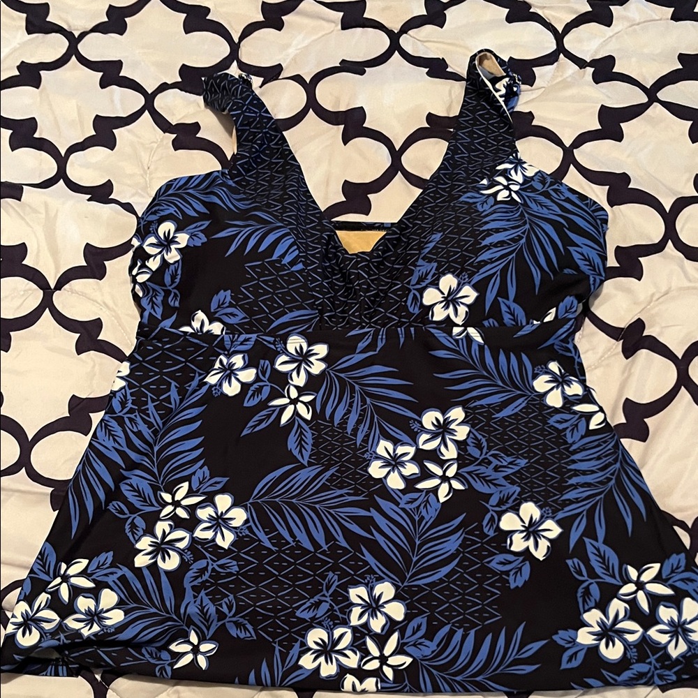 Swimsuits For All Black Tankini Top with Blue and White Floral Print